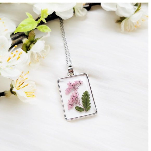 Lovely Lotus Jewelry - Pink Pressed Dried Flower Resin Pendant Necklace